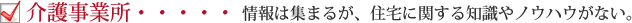 介護事業所・・・・・情報は集まるが、住宅に関する知識やノウハウがない。